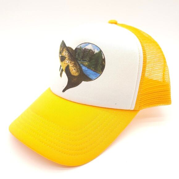 Lauren Tyson Artist Trout Mesh Snapback Trucker‎ Hat Fly Fishing Cap Yellow VTG - Picture 1 of 8